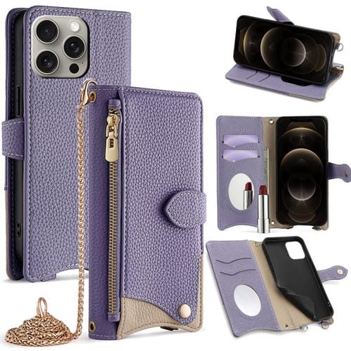 Funda de Piel de Lichi para iPhone 12 Pro Max con Diseño de Cola de Pez y Cadena Cruzada (Morado)