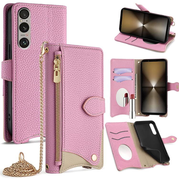 Funda para Teléfono Sony Xperia 1 Vi Piel de Lichi con Cadena Cruzada y Cola de Pez (Rosa)