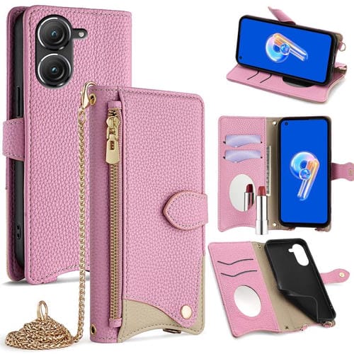 Funda de Cuero Tipo Lichi con Cola de Pez y Cadena Cruzada para Asus Zenfone 9/Zenfone 10 (Rosa)