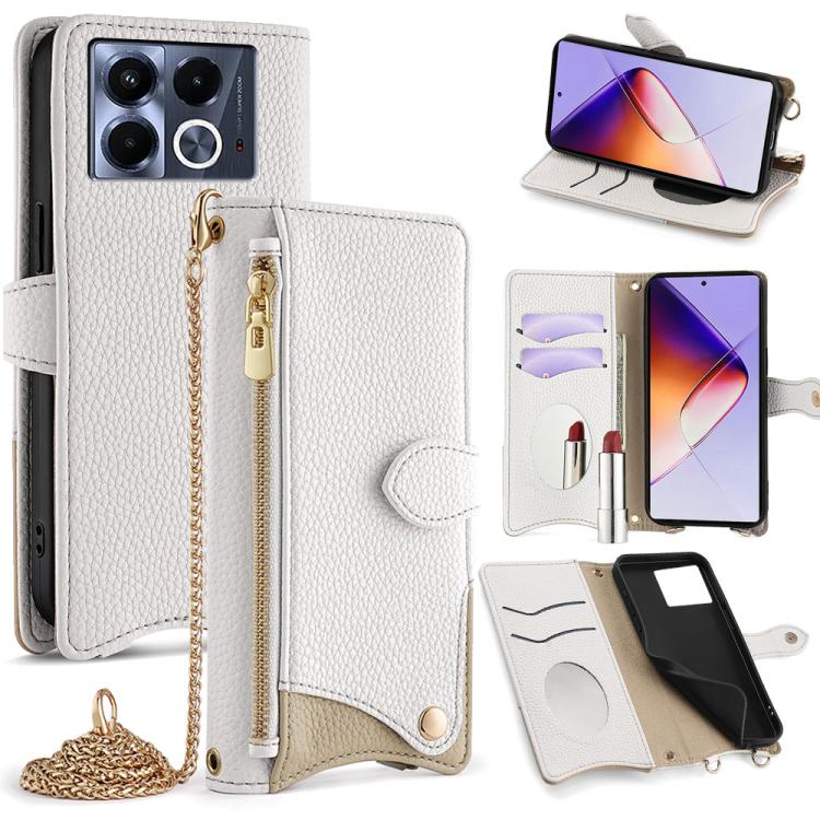 Funda para Teléfono Infinix Note 40 5G con Cadena Cruzada Piel de Lichi Forma Cola de Pez (Blanca)