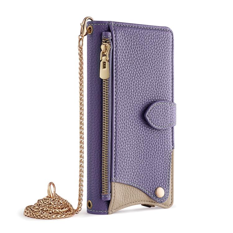 Funda de Cuero Tipo Lichi con Diseño de Cola de Pez y Cadena Cruzada para OnePlus Nord N200 5G (Morado)