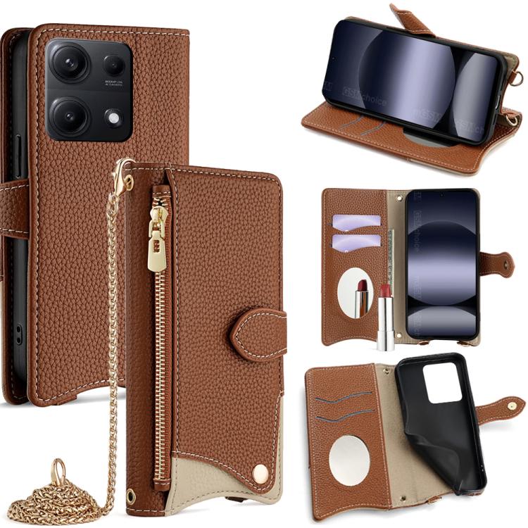 Funda de cuero con cadena cruzada y diseño de cola de pez para Redmi Note 14S 4G (marrón)