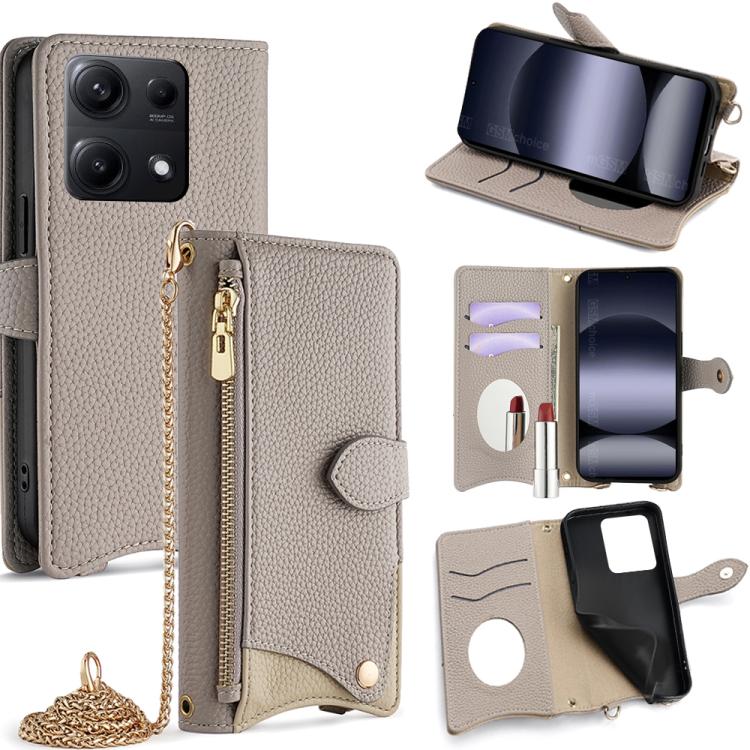Funda de cuero tipo lichi con diseño de cola de pez y cadena cruzada para Redmi Note 14S 4G (gris)