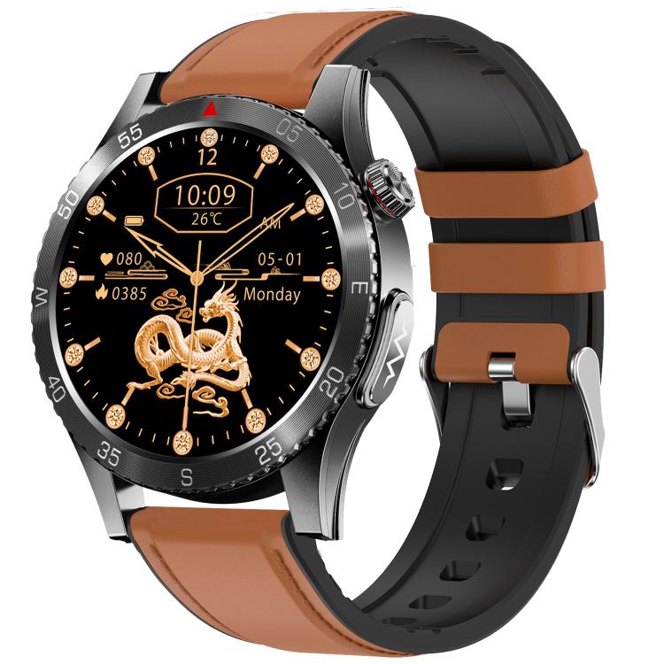 Reloj Inteligente H9 con Correa de Cuero, Pantalla 1,43", ECG, Llamadas Bluetooth, Asistente de Voz (Marrón)