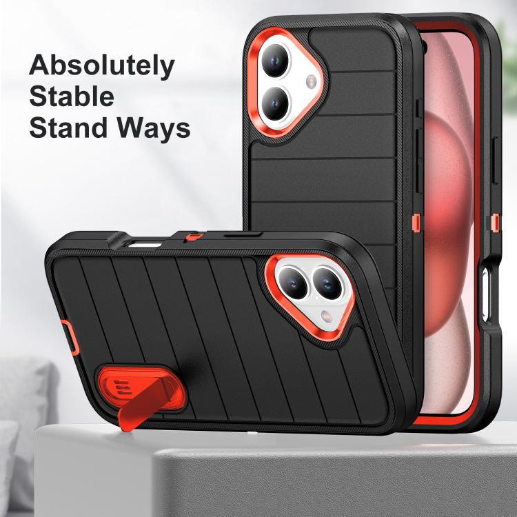 Funda de Silicona y PC Defender Gen2 para iPhone 16 Plus con Soporte (Negro y Naranja)