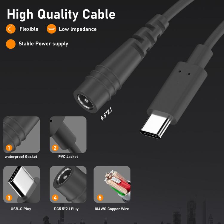 Adaptador de Carga Tipo C a CC 5,5 x 2,1 mm 100 W para Computadora, Longitud 3 m