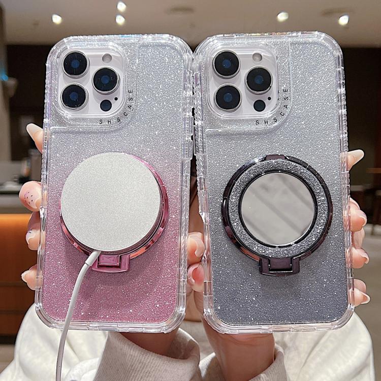 Funda para Teléfono Magsafe iPhone 12 Soporte Espejo Purpurina (Negra)