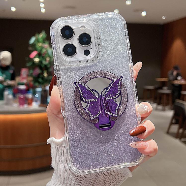 Funda para Teléfono iPhone 15 Pro Max con Soporte Mariposa Espejo Purpurina Magsafe (Morado)