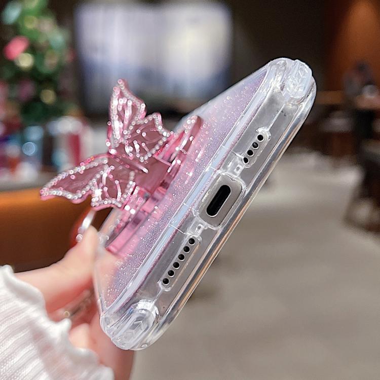 Funda para iPhone 16 Plus con Espejo y Mariposa con Purpurina y Soporte Magsafe (Rosa)