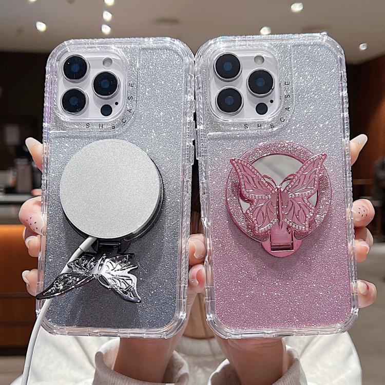 Funda para Teléfono iPhone 14 con Soporte de Mariposa y Espejo Purpurina Magsafe (Rosa)
