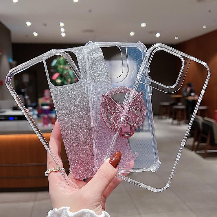 Funda para iPhone 16 Plus con Espejo y Mariposa con Purpurina y Soporte Magsafe (Rosa)