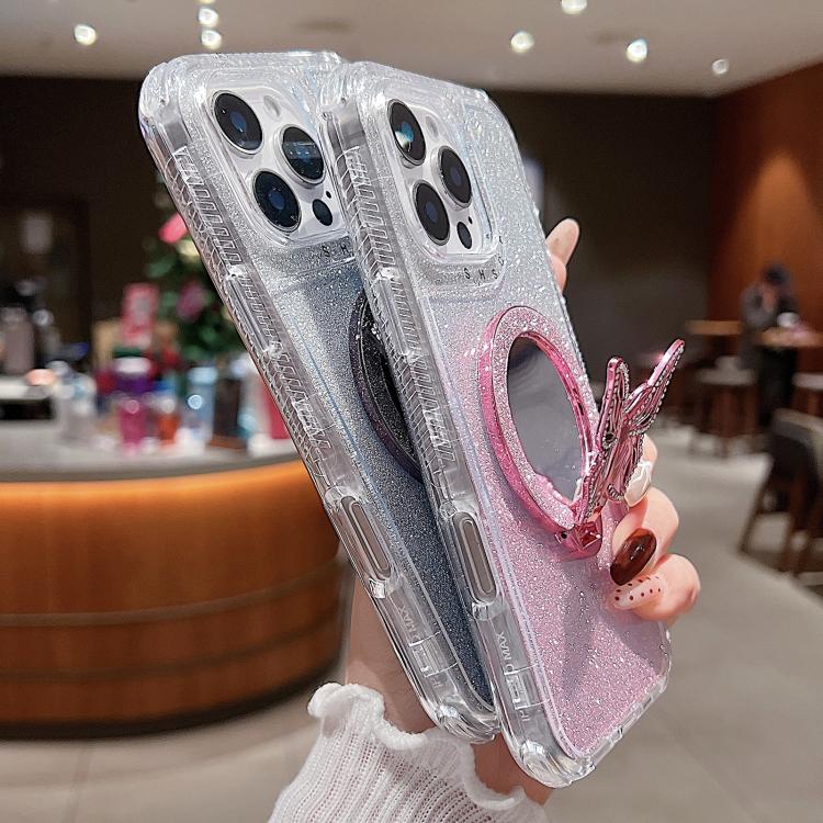 Funda para Teléfono iPhone 12 con Soporte de Mariposa Espejo Purpurina Magsafe (Azul)