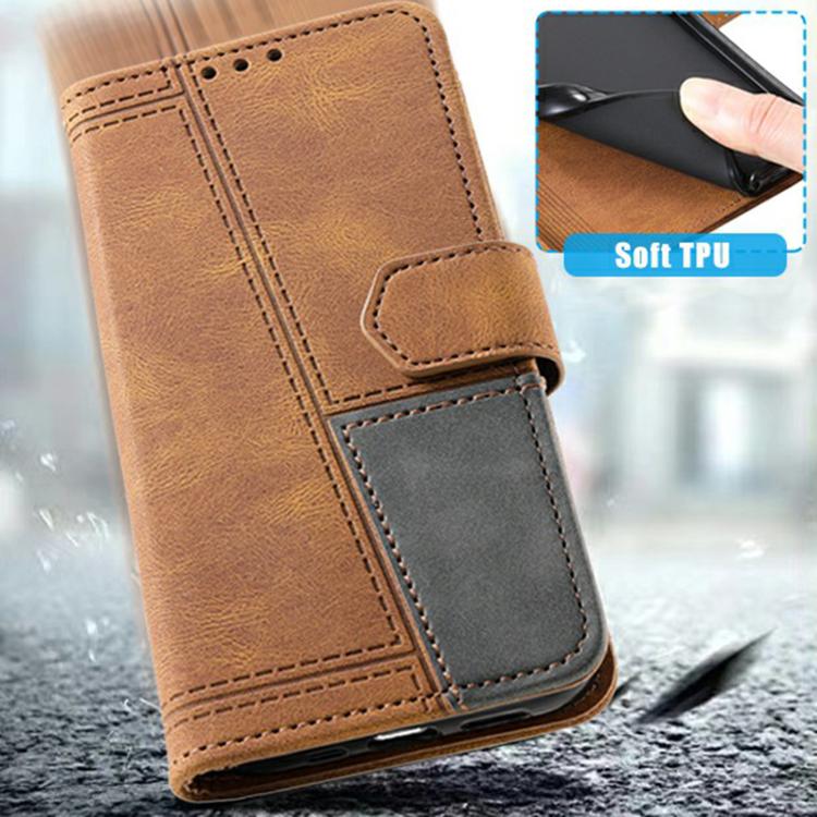 Funda de Cuero Ttudrch para iPhone 16E con Empalme de Líneas en Relieve (Marrón)
