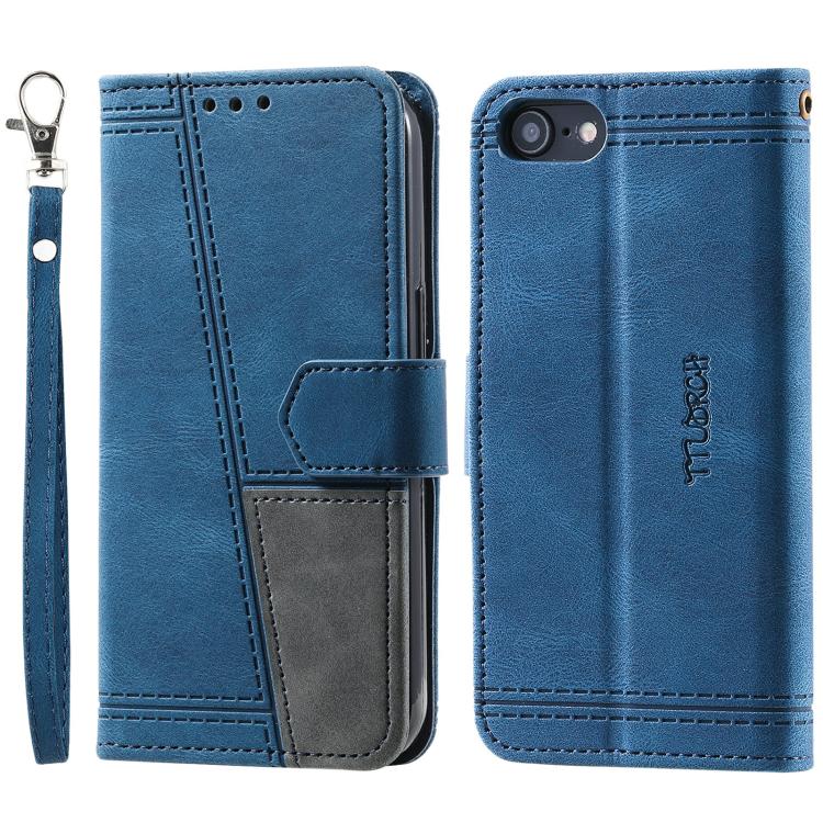 Funda de Cuero Ttudrch para iPhone 16E con Empalme de Líneas en Relieve (Azul)