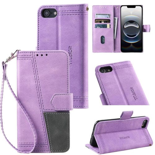 Funda de Cuero Ttudrch para iPhone 16E Empalme de Líneas En Relieve (Morado)