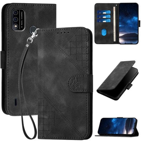 Funda de Cuero para Teléfono Itel A48 con Diseño en Relieve Mariposa y Cuadrícula con Cordón (Negro)