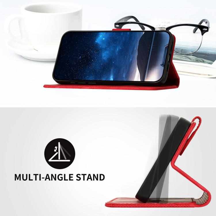 Funda de Cuero Itel A50 con Diseño Mariposa En Relieve y Cuadrícula con Cordón (Rojo)
