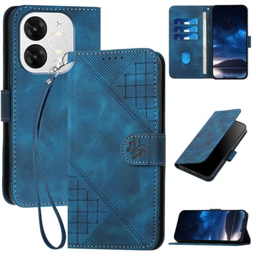Funda de Cuero Itel A80 con Diseño en Relieve Mariposa y Cuadrícula con Cordón (Azul Oscuro)
