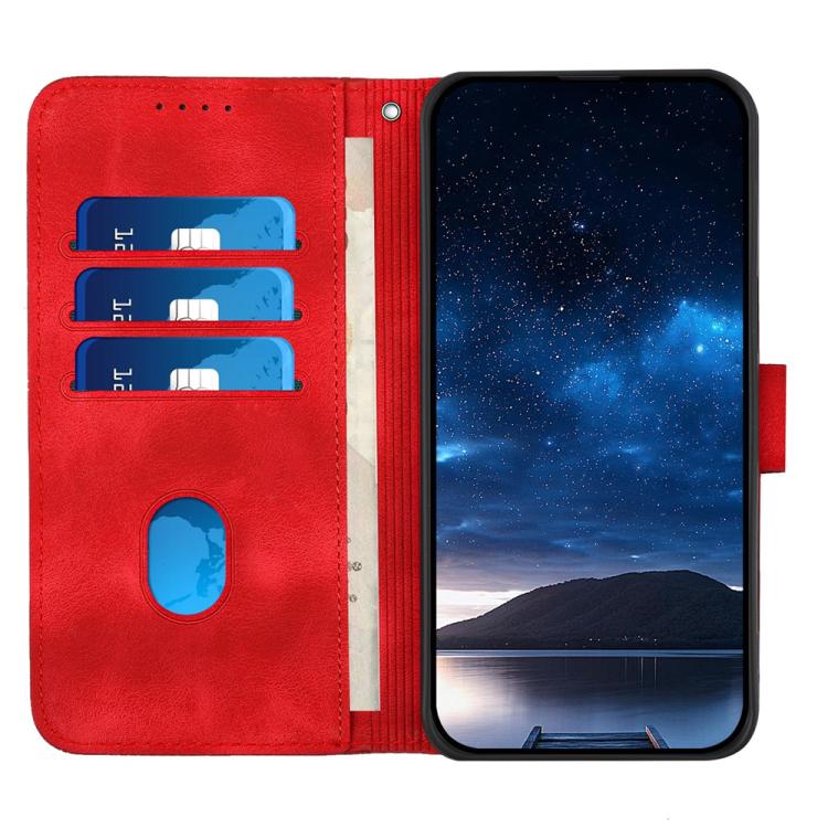 Funda de Cuero Itel A80 con Diseño Mariposa en Relieve y Cuadrícula con Cordón (Rojo)