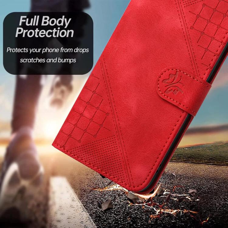 Funda de Cuero Itel A80 con Diseño Mariposa en Relieve y Cuadrícula con Cordón (Rojo)