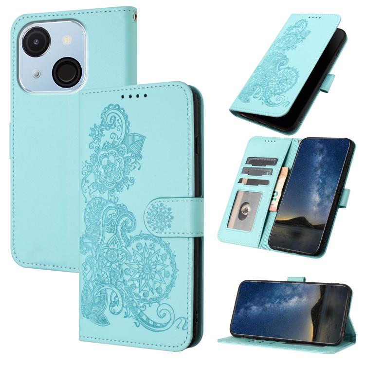 Funda de Cuero con Tapa para Teléfono Itel A50C con Diseño Flor de Datura en Relieve (Azul Claro)