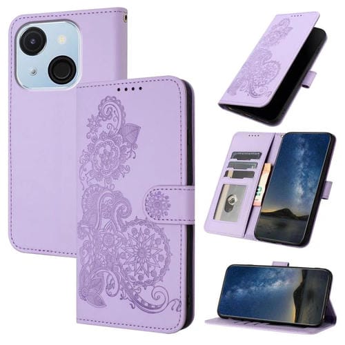Funda de Cuero con Tapa para Teléfono Itel A50C con Relieve Flor de Datura (Morado)