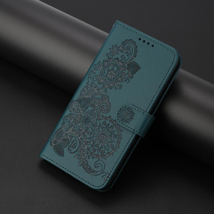 Funda de Cuero con Tapa para Teléfono Itel S25 con Relieve Flor de Datura (Verde Oscuro)
