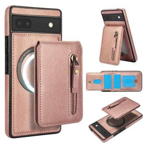 Funda de Cuero Magsafe con Tapa Trasera Dividida y Cremallera para Google Pixel 6 (Oro Rosa)