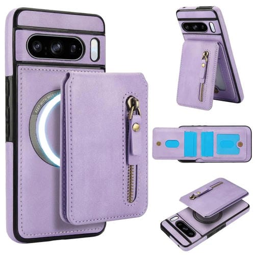 Funda de Cuero con Tapa Trasera Magsafe Dividida y Cremallera para Google Pixel 8 Pro (Morado)