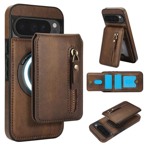 Funda de Cuero con Cremallera y Parte Trasera Magsafe Dividida para Google Pixel 9/9 Pro (Marrón)