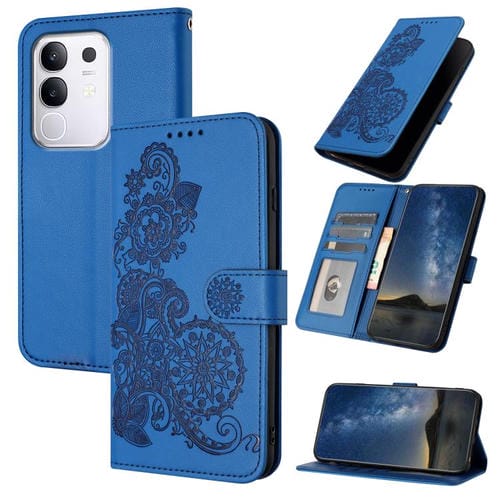 Funda de Cuero con Tapa y Relieve de Flor de Datura para Vivo Y29 4G (Azul)