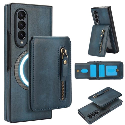 Funda de Cuero con Cremallera y Parte Trasera Magsafe Dividida Samsung Galaxy Z Fold4 (Azul)