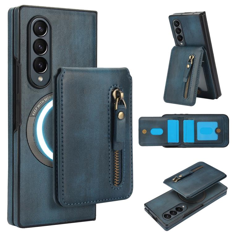 Funda de Cuero con Cremallera y Parte Trasera Magsafe Dividida Samsung Galaxy Z Fold4 (Azul)