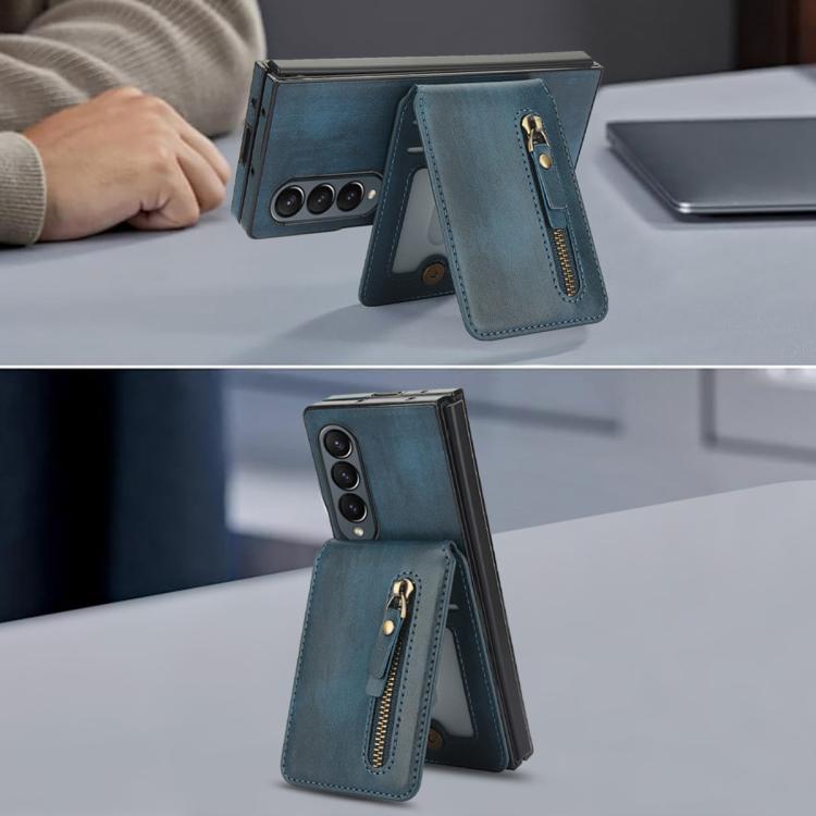 Funda de Cuero con Cremallera y Parte Trasera Magsafe Dividida Samsung Galaxy Z Fold4 (Azul)