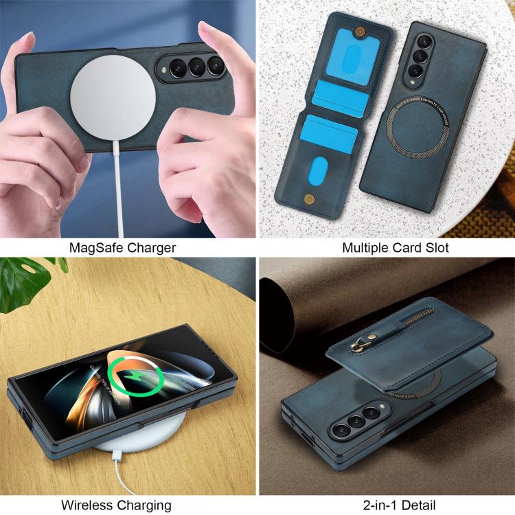 Funda de Cuero con Cremallera y Parte Trasera Magsafe Dividida Samsung Galaxy Z Fold4 (Azul)