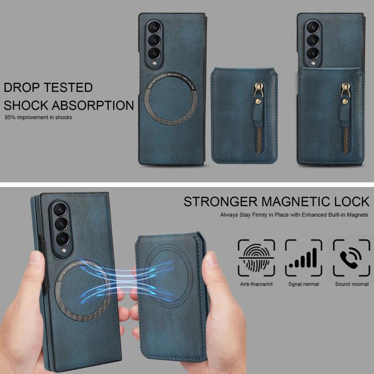 Funda de Cuero con Cremallera y Parte Trasera Magsafe Dividida Samsung Galaxy Z Fold4 (Azul)
