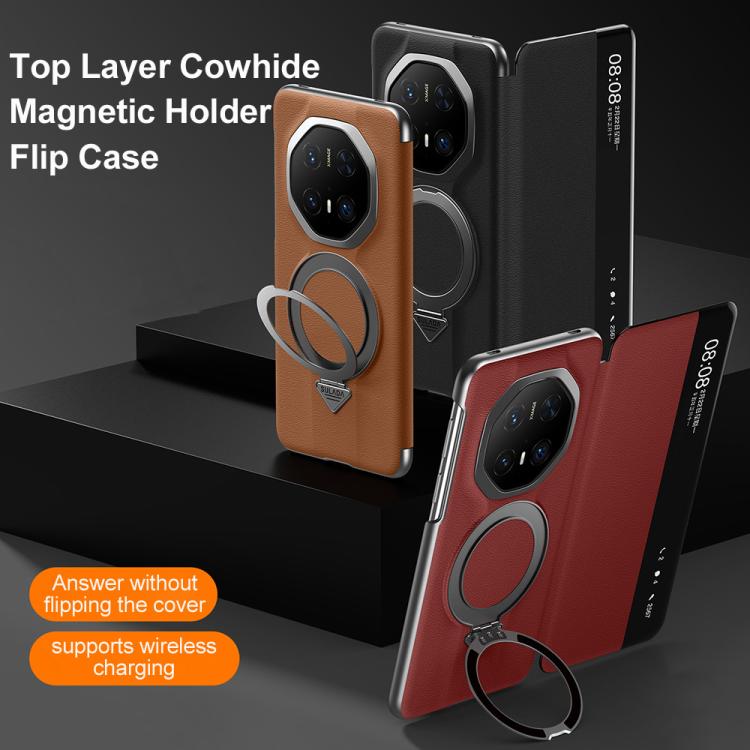 Funda de Cuero para Huawei Mate 70 Rs Ultimate con Soporte Magnético Magsafe y Ventana Inteligente (Marrón)