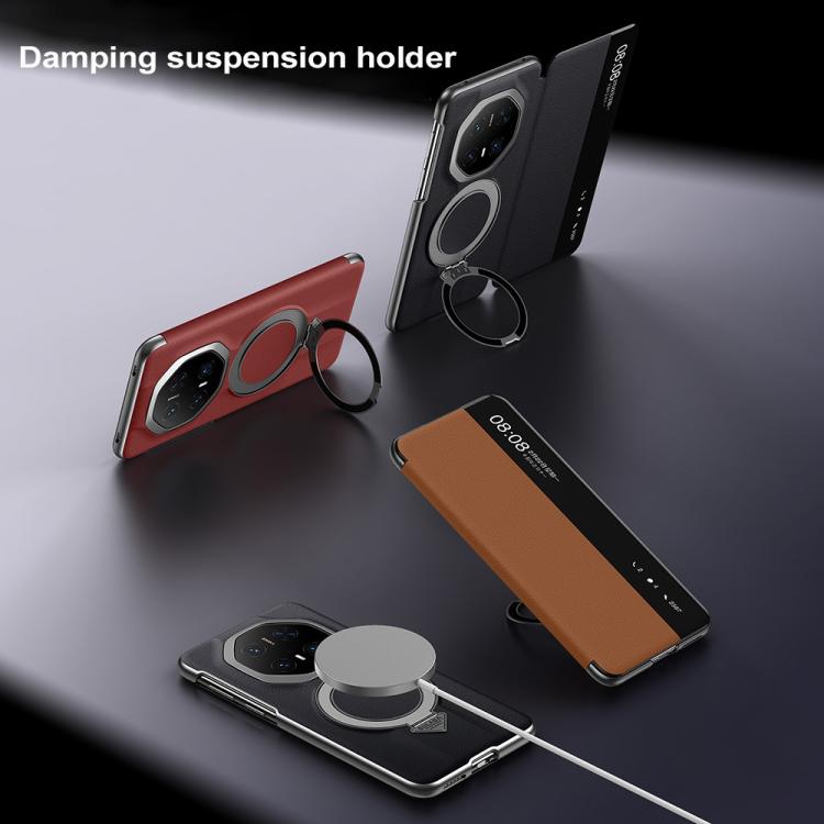 Funda de Cuero para Huawei Mate 70 Rs Ultimate con Soporte Magnético Magsafe y Ventana Inteligente (Marrón)