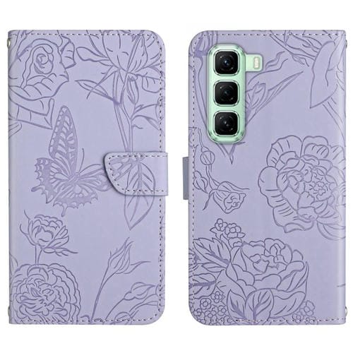 Funda de Cuero con Tapa y Mariposas En Relieve para Infinix Hot 50 Pro 4G (Morado)