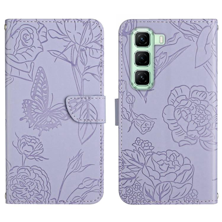 Funda de Cuero con Tapa y Mariposas En Relieve para Infinix Hot 50 4G (Morado)
