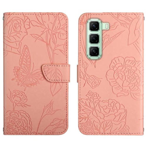Funda de Cuero con Tapa y Mariposas En Relieve para Infinix Hot 50 5G (Rosa)