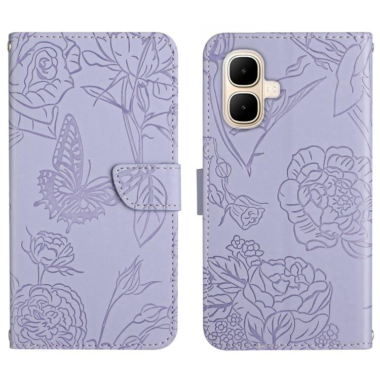 Funda de cuero con tapa y diseño de mariposas en relieve para Infinix Smart 10 4G / Tecno Pop 10 (morado)