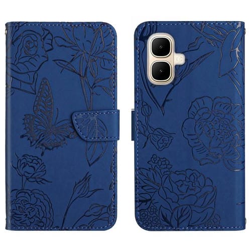 Funda de cuero con tapa y diseño de mariposas en relieve para Infinix Smart 10 4G / Tecno Pop 10 (azul)