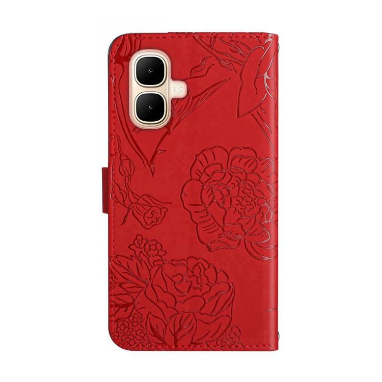 Funda de cuero con tapa y diseño de mariposas en relieve para Infinix Smart 10 4G / Tecno Pop 10 (Roja)