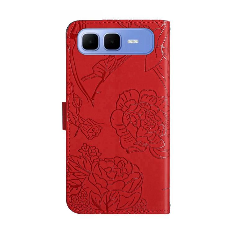 Funda de cuero con tapa y diseño de mariposas en relieve para Infinix Smart 10 Plus 4G (roja)