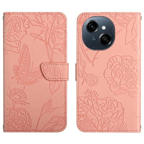 Funda de Cuero con Tapa para Tecno Pop 9 4G Spark Go 2025 4G con Mariposas en Relieve (Rosa)