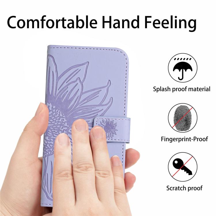 Funda de cuero con tapa y cordón para Infinix Smart 10 4G / Tecno Pop 10, con diseño de girasoles en relieve y tacto suave (morado)