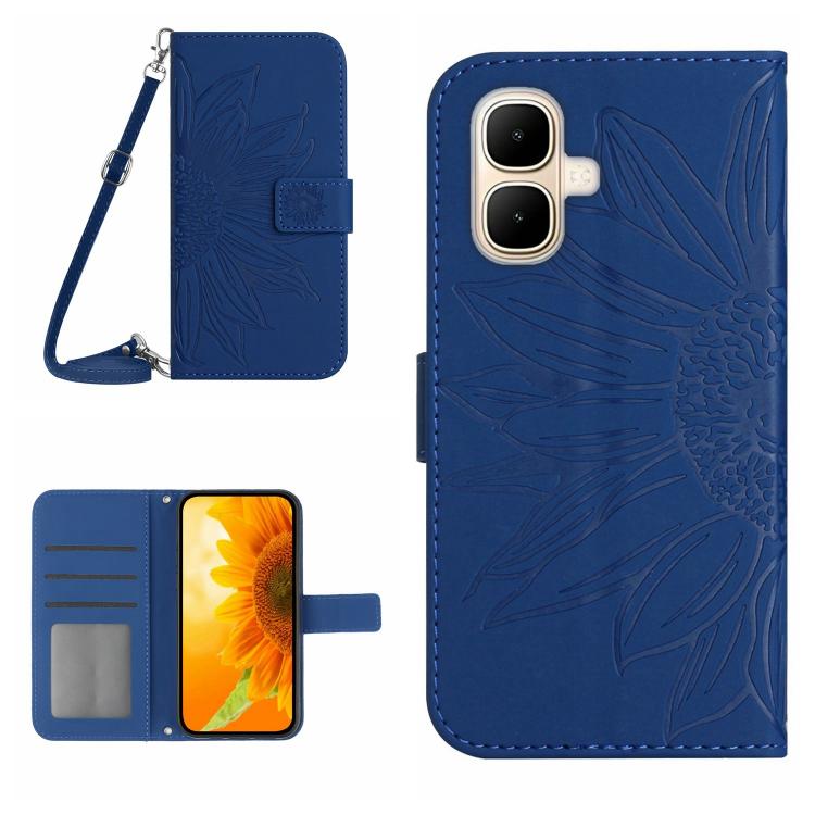 Funda de cuero con tapa y cordón para Infinix Smart 10 4G / Tecno Pop 10, con diseño de girasoles en relieve y tacto suave (azul oscuro)
