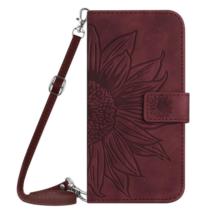 Funda de cuero con tapa y cordón para Infinix Smart 10 4G / Tecno Pop 10, con diseño de girasoles en relieve y tacto suave (rojo vino)
