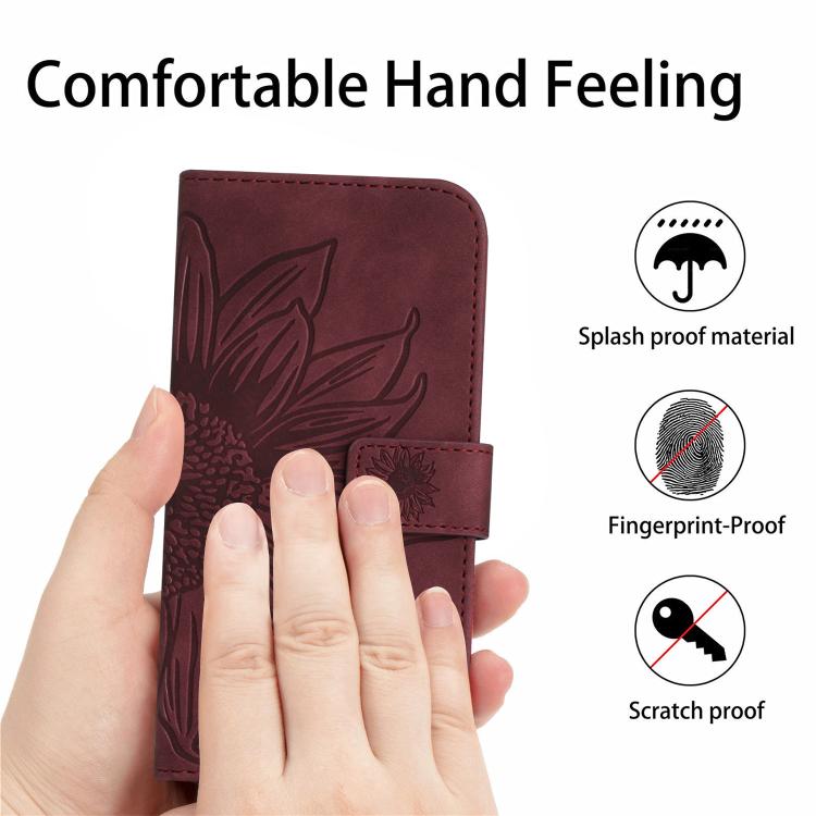 Funda de cuero con tapa y cordón para Infinix Smart 10 4G / Tecno Pop 10, con diseño de girasoles en relieve y tacto suave (rojo vino)